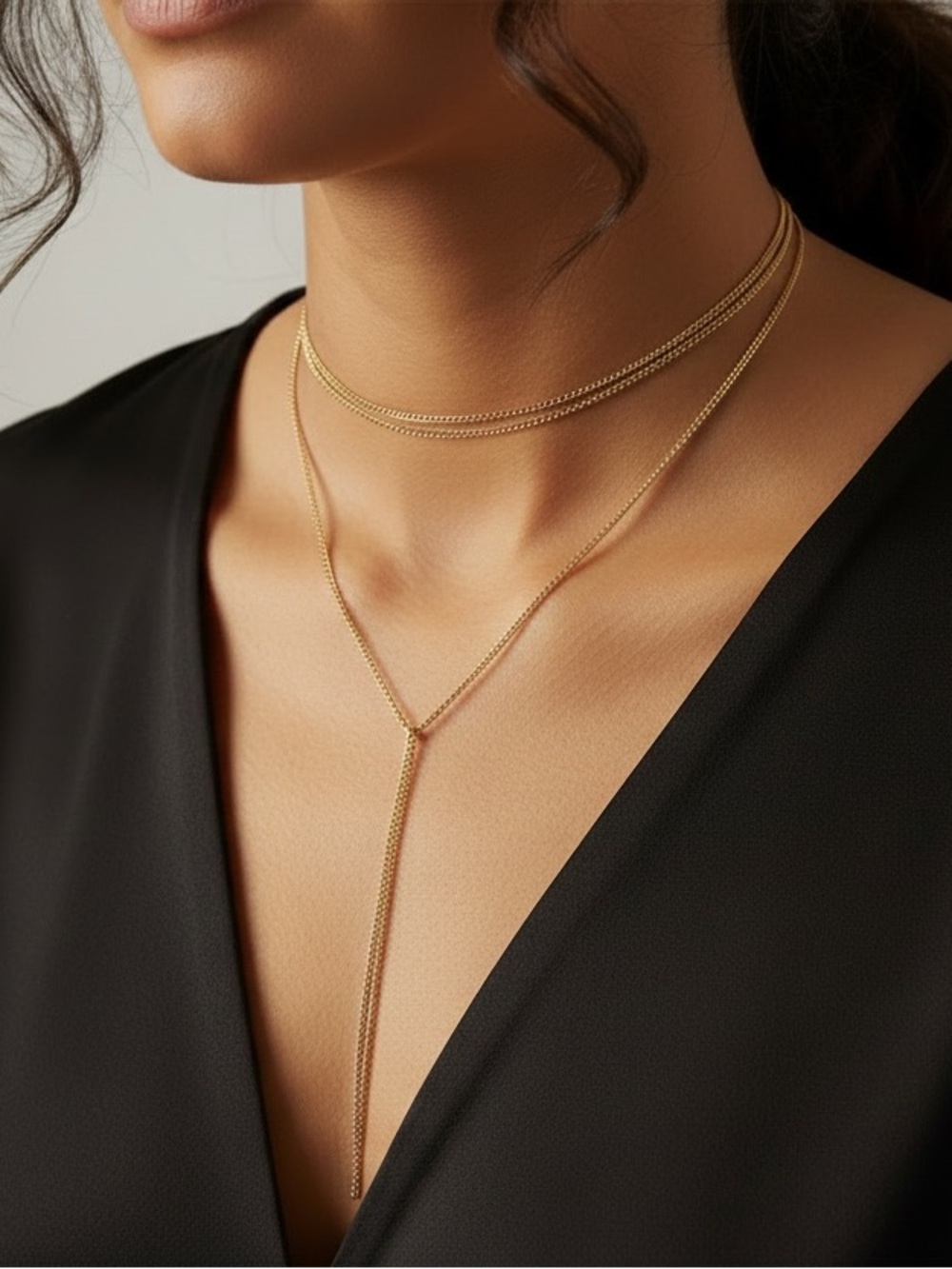 Gold Layered Y-Necklace — Adjustable Layered Jewelry Delicate Bead Chain